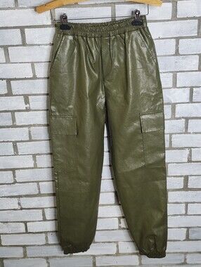 NWT Bacio Women's Faux Leather Pull On Cargo Pants Size Small Olive Green